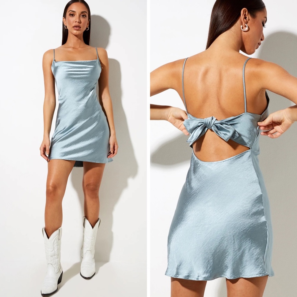 Motel Pale Blue Satin Mini Dress with Back Bow